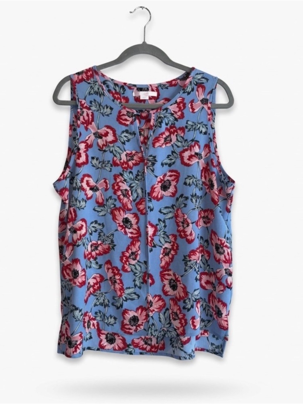 C&E Womens XL Sleeveless Blouse Blue Pink Floral Keyhole Neck Tank Top Flowy